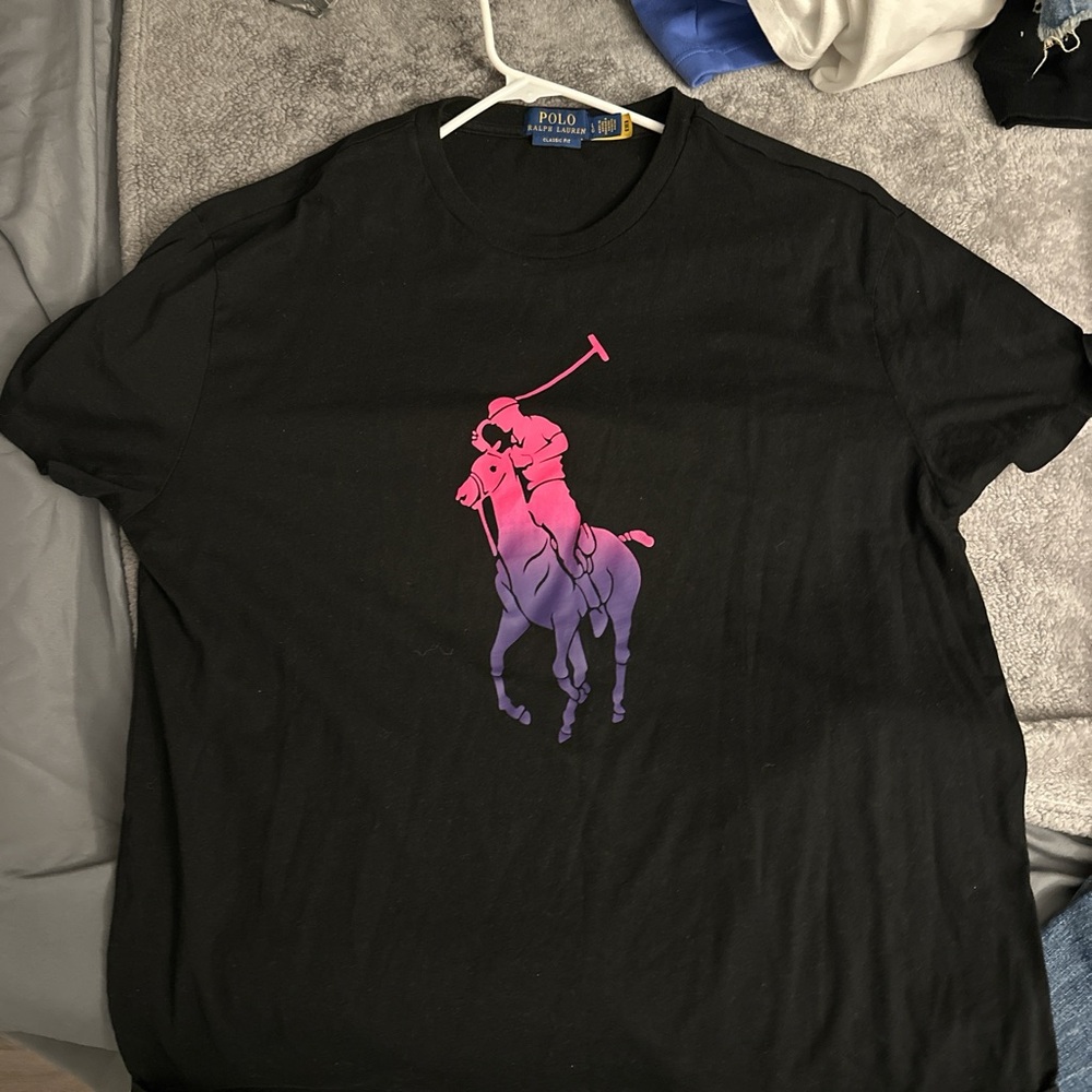 Ralph Lauren Black Tee with Pink Polo Graphic